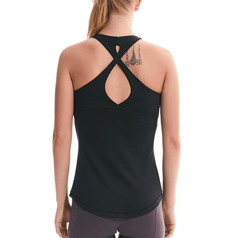 Back view of black women's cross-back yoga tank top, perfect for yoga and running, showcasing stylish and breathable design.
